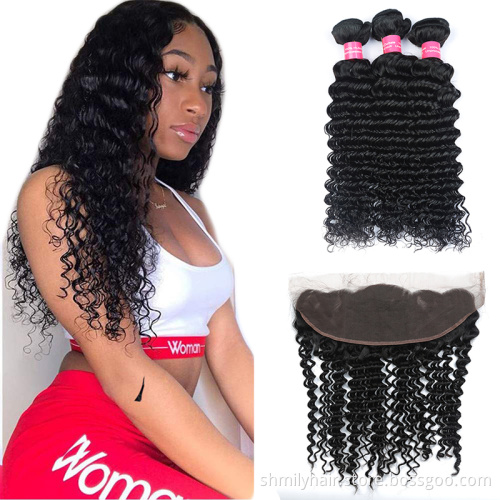 Human Hair Extension Mink Cuticle Aligned Raw Brazilian Virgin Deep Curly Hair Bundles With Frontal Closure